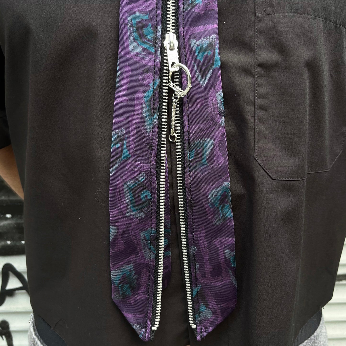 upcycled shirt & tie purple green