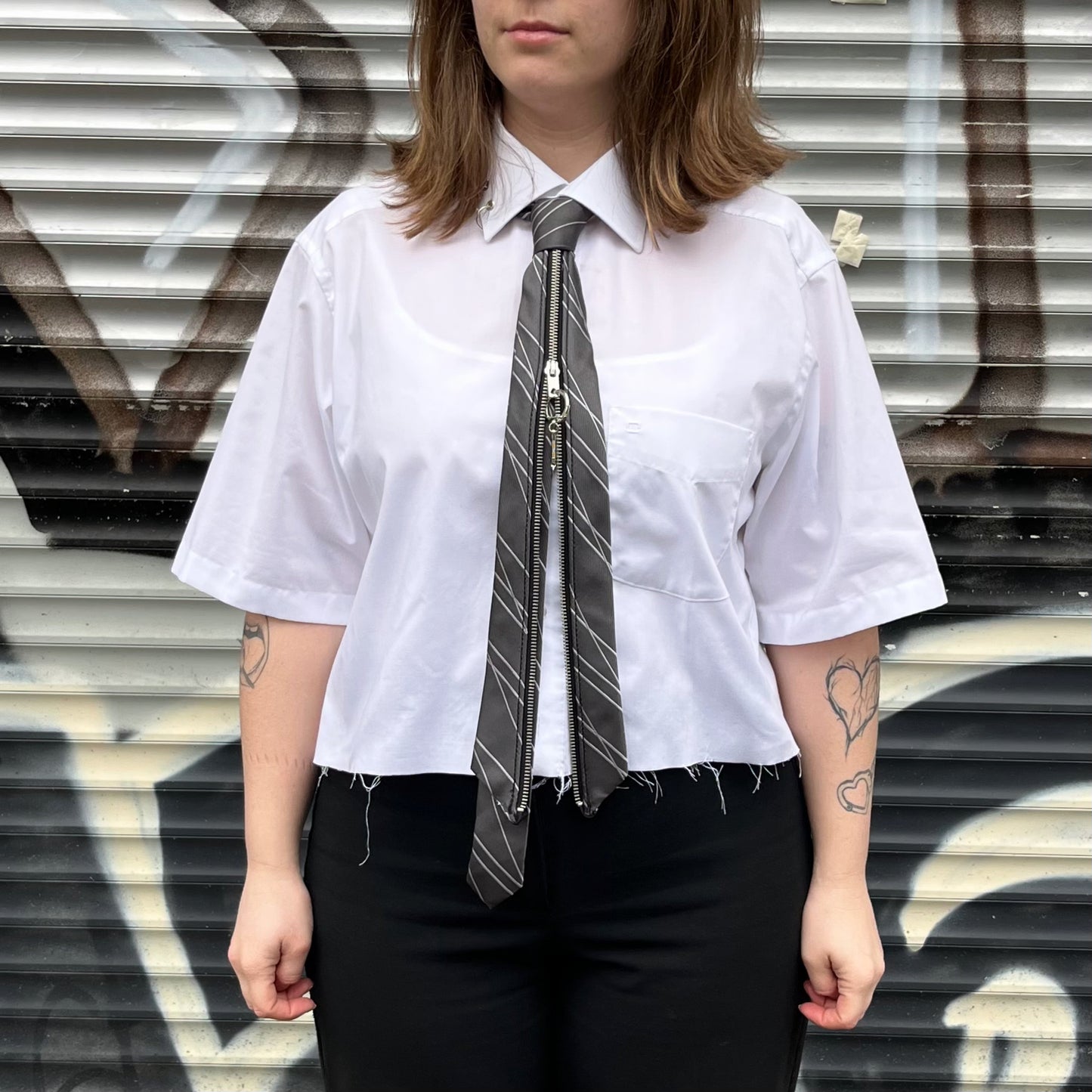 upcycled shirt & tie grey white