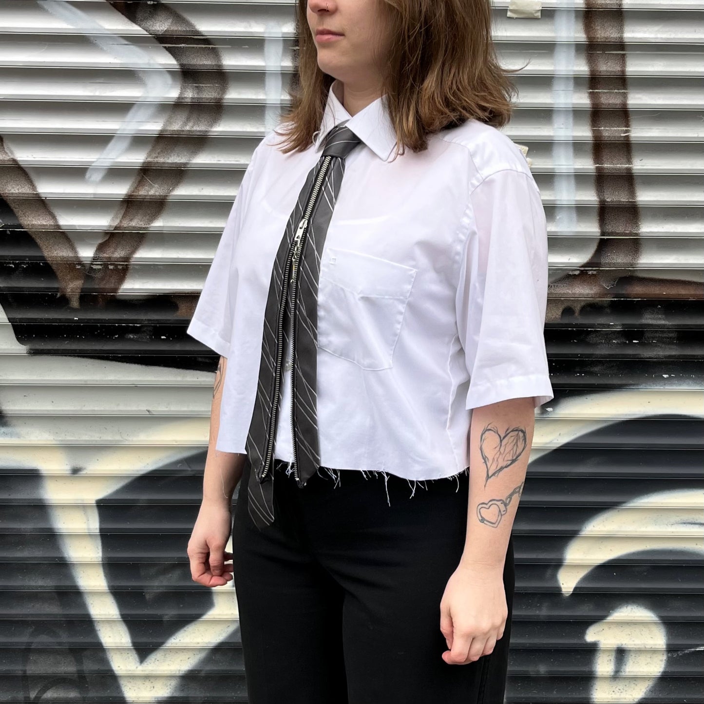 upcycled shirt & tie grey white