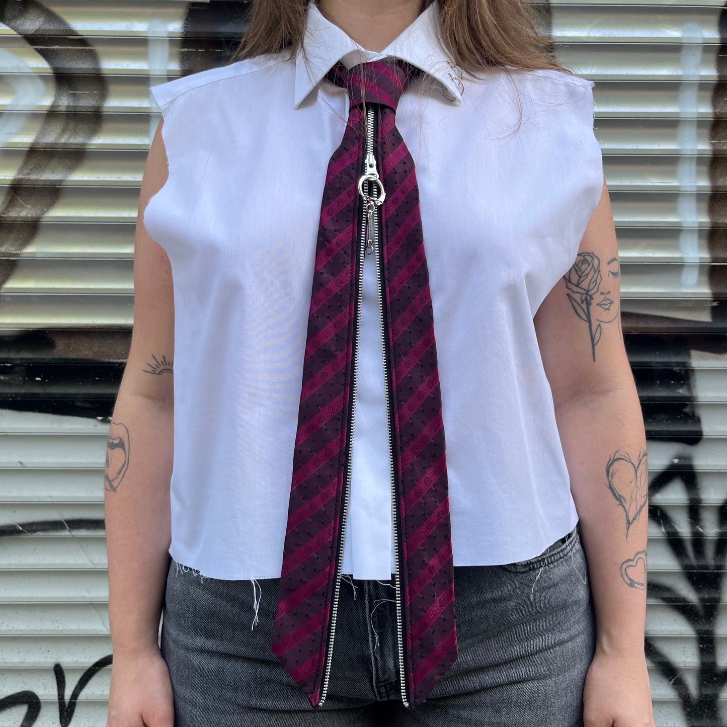 upcycled shirt & tie red purple